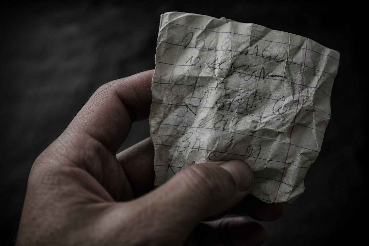 Hand holding crumpled paper with handwritten numbers